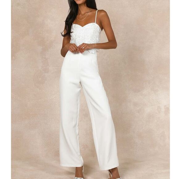 Lulus Exquisite Posture White Floral Embroidered Scalloped Tiered Jumpsuit - Picture 1 of 11